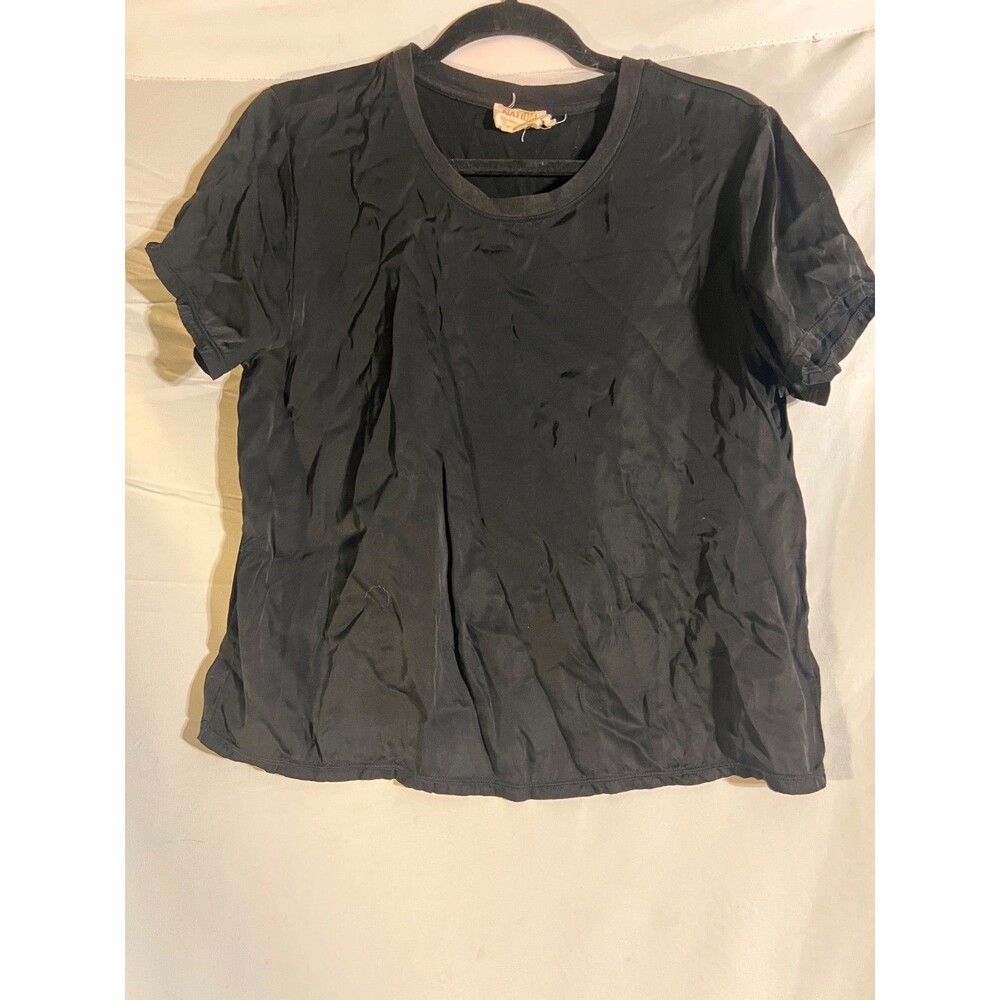 Nation LTD Marie Top Woman's M Silky Satin T-shirt Black Short Sleeve Shirt